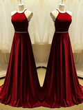 A-Line Halter Sleeveless With Beading Satin Prom Dresses