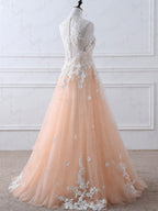 A-line High Neck Lace Appliques Tulle Long Prom Formal Evening Dresses