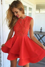 A-Line Jewel Short Red Satin Homecoming Dress with Lace Ruffles