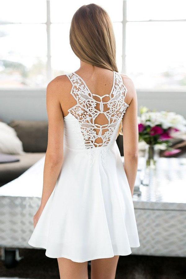 A-Line Jewel Short White Satin Homecoming Dress with Lace