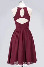 A-line Jewel Sleeveless Knee-Length Bridesmaid Dresses with Ruffle Chiffon Lace Party Dress
