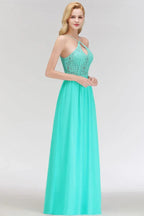 A-line Keyhole Neckline Lace Top Long Spaghetti Bridesmaid Dress
