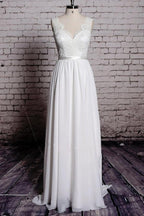 A-line Lace V-Neck Backless Sheath Long Wedding Dress