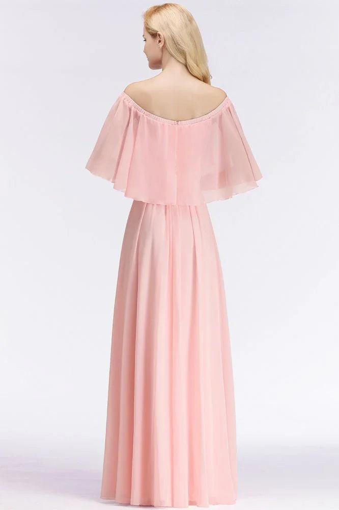 A-line Long Off-the-shoulder Pink Bridesmaid Dresses with Sleeves