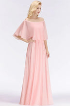 A-line Long Off-the-shoulder Pink Bridesmaid Dresses with Sleeves
