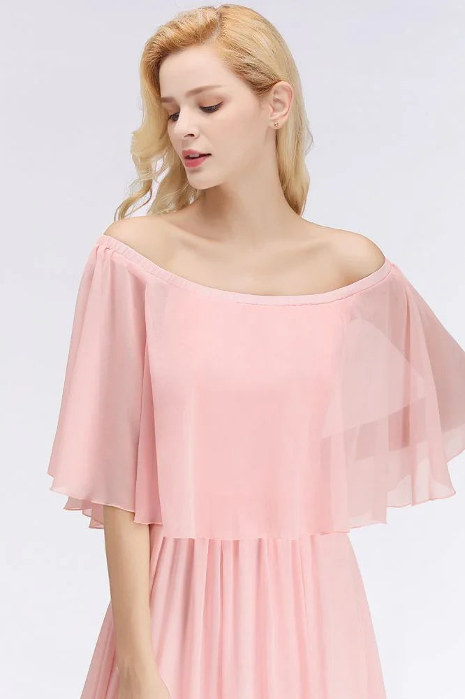 A-line Long Off-the-shoulder Pink Bridesmaid Dresses with Sleeves