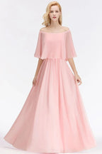 A-line Long Off-the-shoulder Pink Bridesmaid Dresses with Sleeves