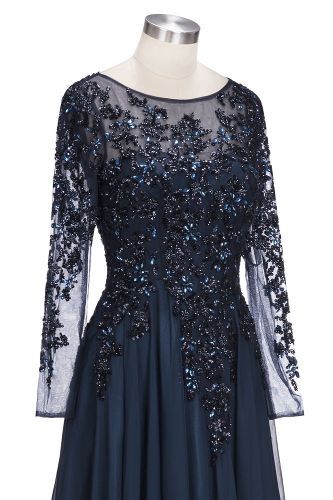 A-line Long Sleeves Plus Size Floor Length Crystals Tulle Prom Dresses