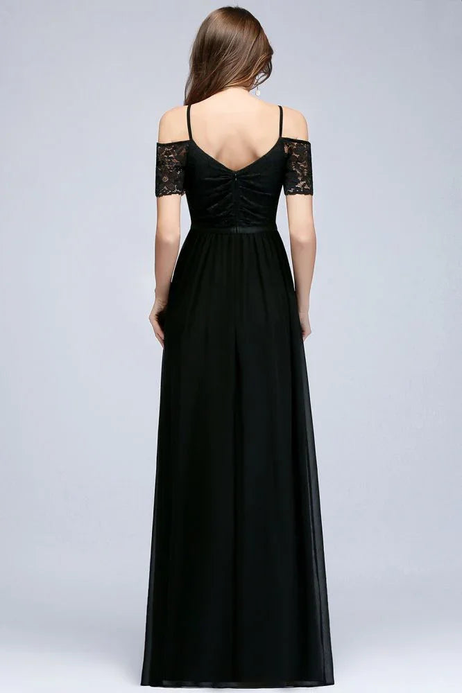 A-line Long Spaghetti V-neck Black Lace Chiffon Bridesmaid Dress