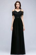 A-line Long Spaghetti V-neck Black Lace Chiffon Bridesmaid Dress