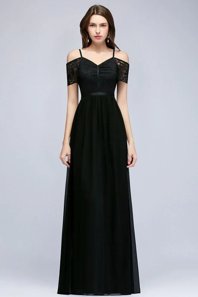 A-line Long Spaghetti V-neck Black Lace Chiffon Bridesmaid Dress