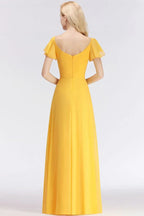 A-line Long V-neck Short Sleeves Yellow Chiffon Bridesmaid Dresses