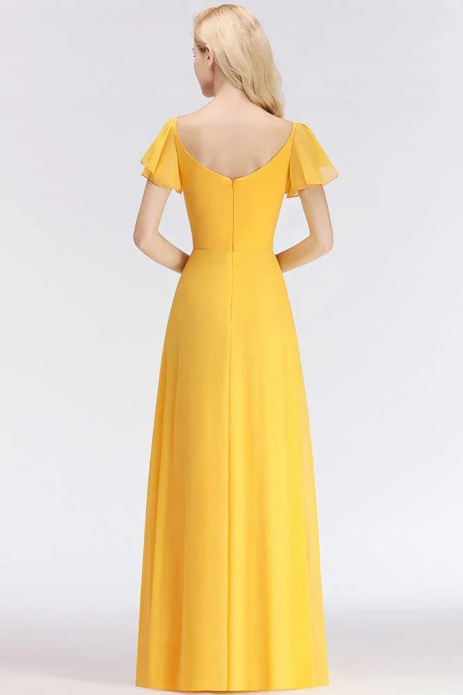 A-line Long V-neck Short Sleeves Yellow Chiffon Bridesmaid Dresses