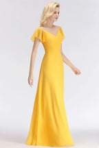 A-line Long V-neck Short Sleeves Yellow Chiffon Bridesmaid Dresses