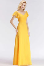 A-line Long V-neck Short Sleeves Yellow Chiffon Bridesmaid Dresses