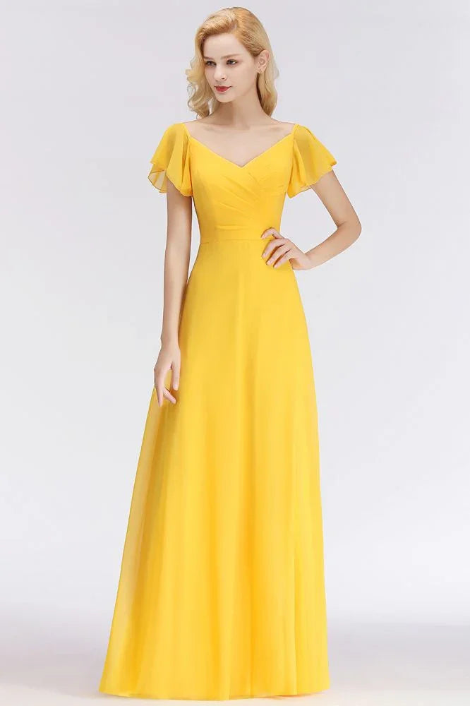 A-line Long V-neck Short Sleeves Yellow Chiffon Bridesmaid Dresses