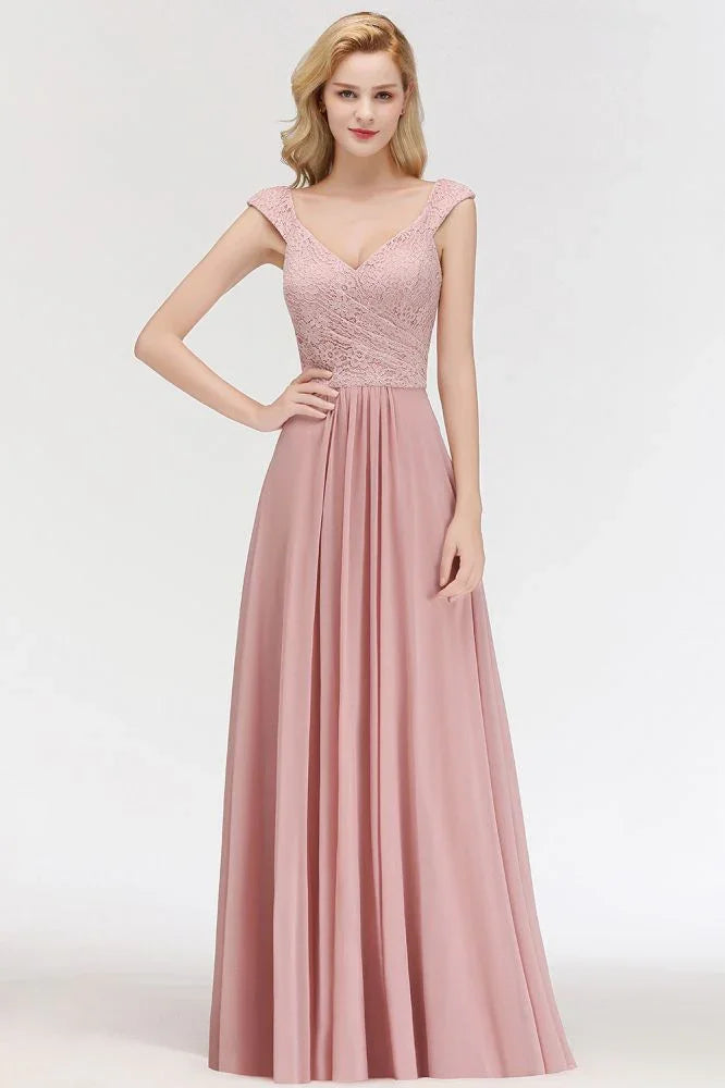 A-line Long V-neck Sleeveless Formal Party Dress Lace Top Chiffon Bridesmaid Dress