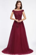 A-line Off-shoulder Floor-length Tulle Appliques Prom Dresses