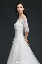 A-line Off-the-Shoulder Court Train Tulle Wedding Dresses with Buttons