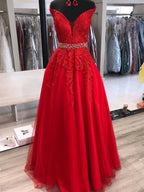 A-line Off the Shoulder Tulle Lace Long Prom Dresses with Belt Red Formal Evening Gowns