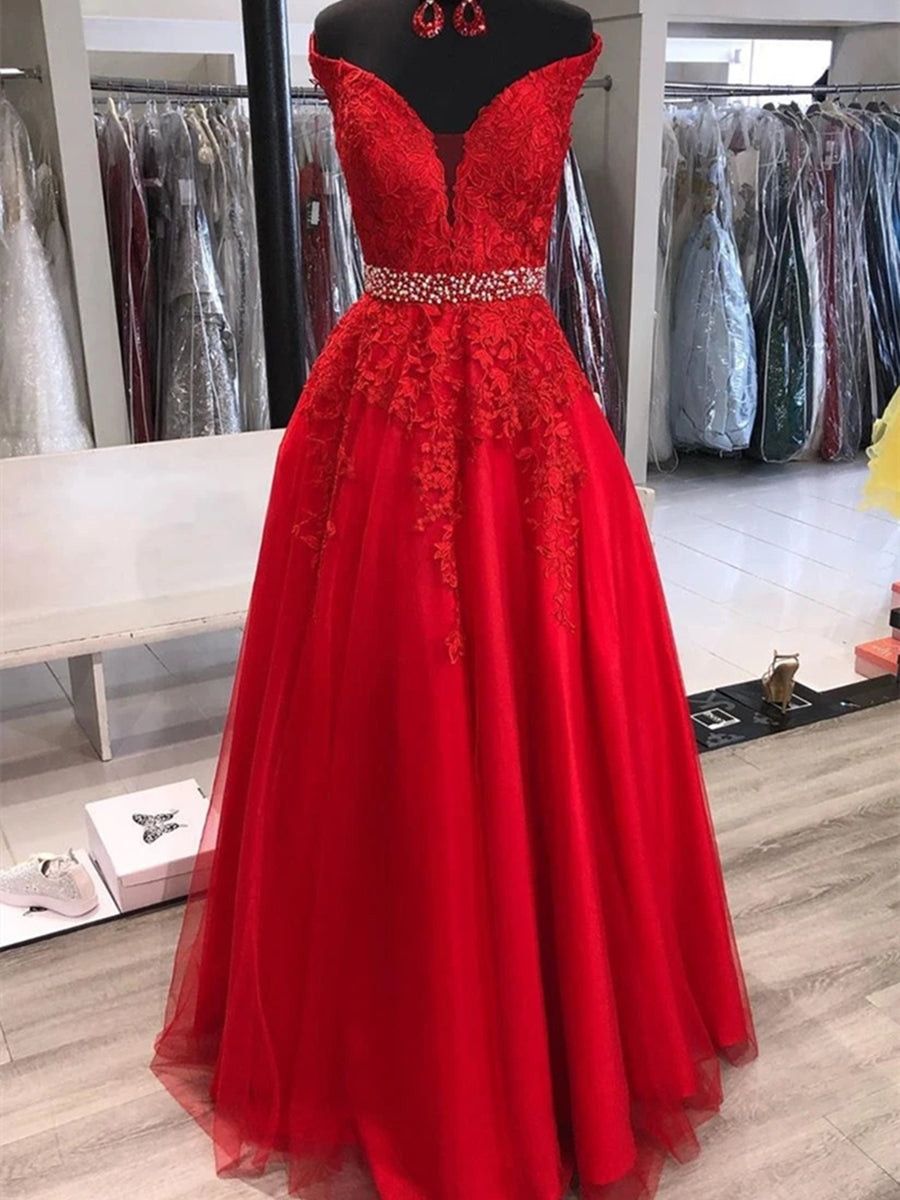 A-line Off the Shoulder Tulle Lace Long Prom Dresses with Belt Red Formal Evening Gowns