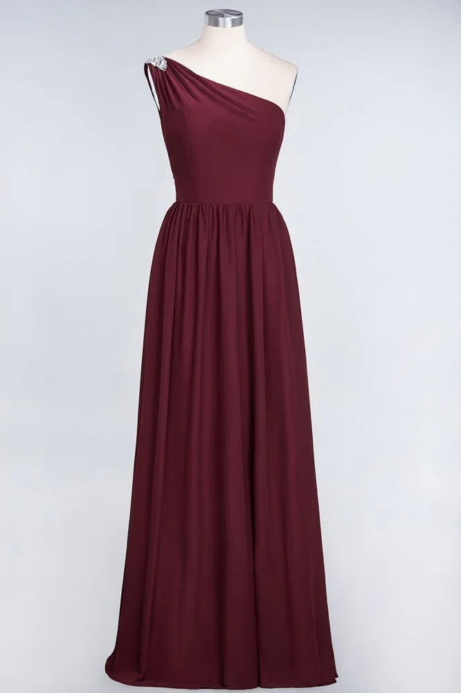 A-Line One-Shoulder Beadings Sleeveless Ruffles Bridesmaid Dress Floor Length Maid of Honor Dress