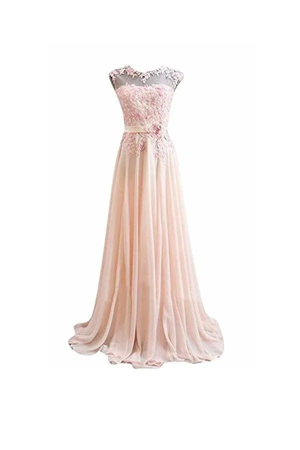 A Line Pink Long Lace Chiffon Prom Evening Dresses PG273