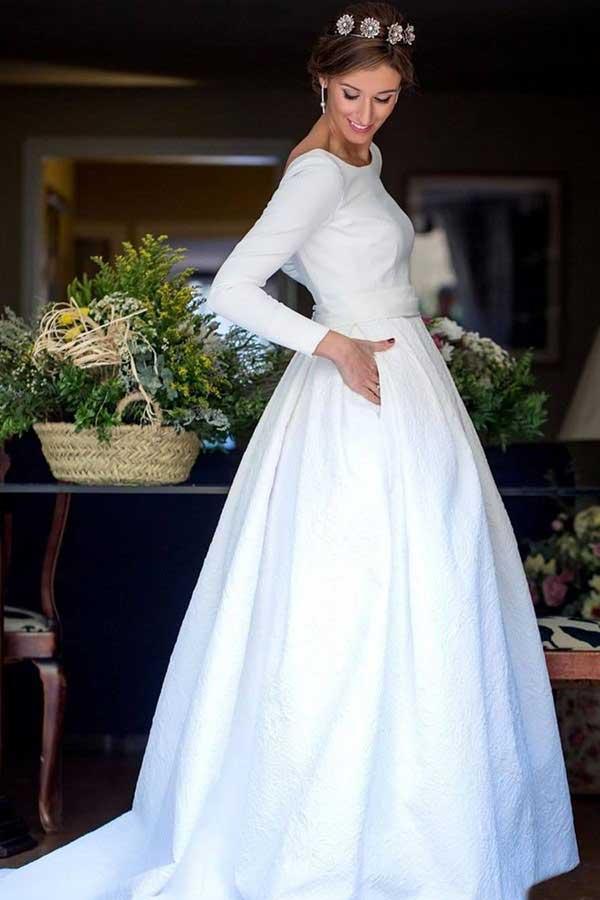 A-Line Round Neck Backless Satin Wedding Dress with Sleeves