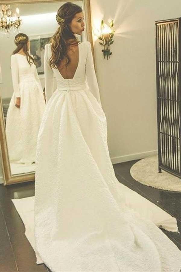 A-Line Round Neck Backless Satin Wedding Dress with Sleeves