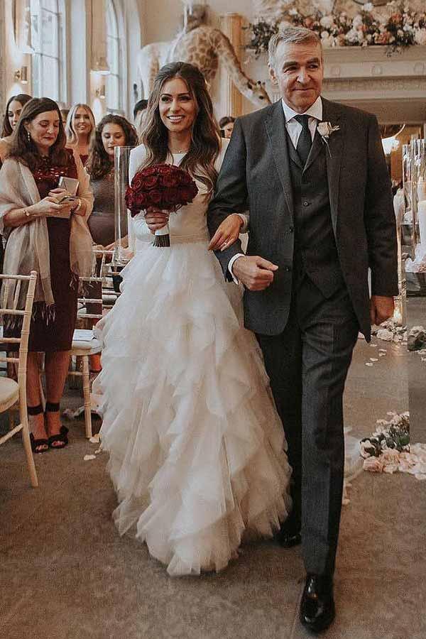 A-Line Round Neck Court Train Tulle Wedding Dress with Long Sleeves