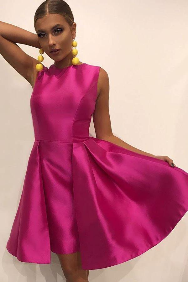 A-Line Round Neck Pleated White Satin Homecoming Party Dress