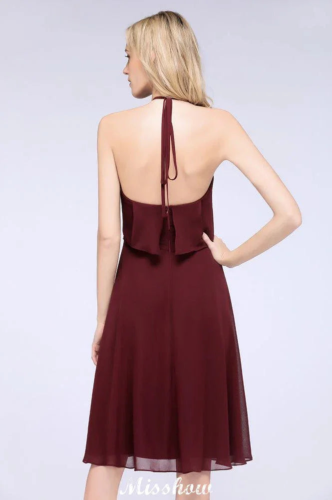 A-Line Ruffles Chiffon Halter Knee-Length Party Dress Simple Bridesmaid Dress