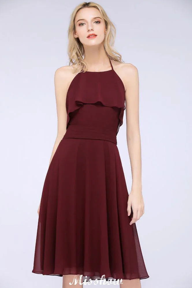 A-Line Ruffles Chiffon Halter Knee-Length Party Dress Simple Bridesmaid Dress
