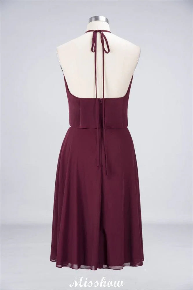 A-Line Ruffles Chiffon Halter Knee-Length Party Dress Simple Bridesmaid Dress