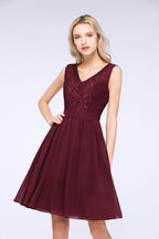 A-Line Ruffles Chiffon Lace V-Neck Evening Party Dress Sleeveless Knee-Length Homecoming Dress