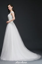 A-line Scoop Court Train Tulle Glamorous Wedding Dresses with Sash