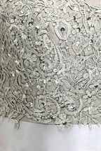 A-Line Scoop Floor Length Cap Sleeves Appliques Silver Evening Dresses with Sash