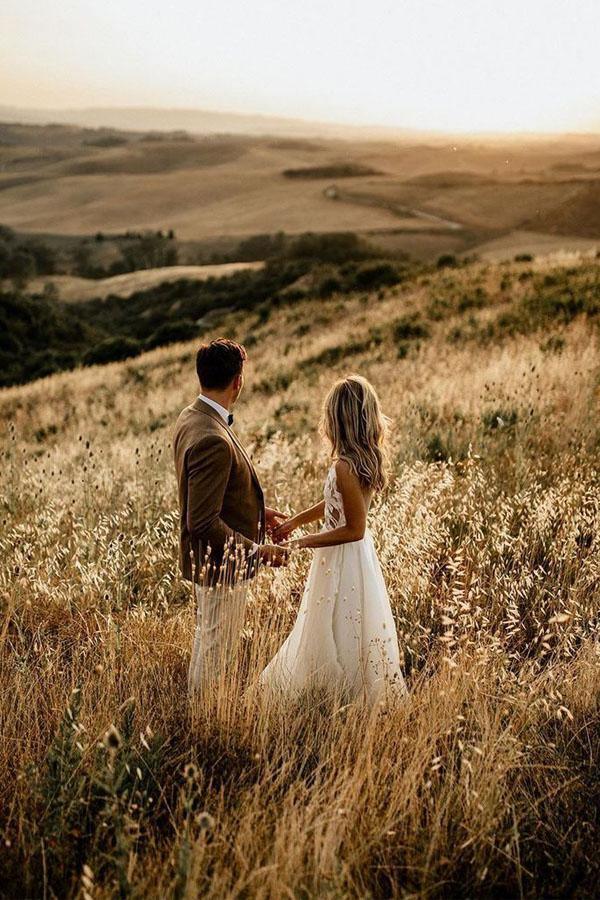A-line See Through Floor Length Beach Wedding Dresses Rustic Bridal Dresses