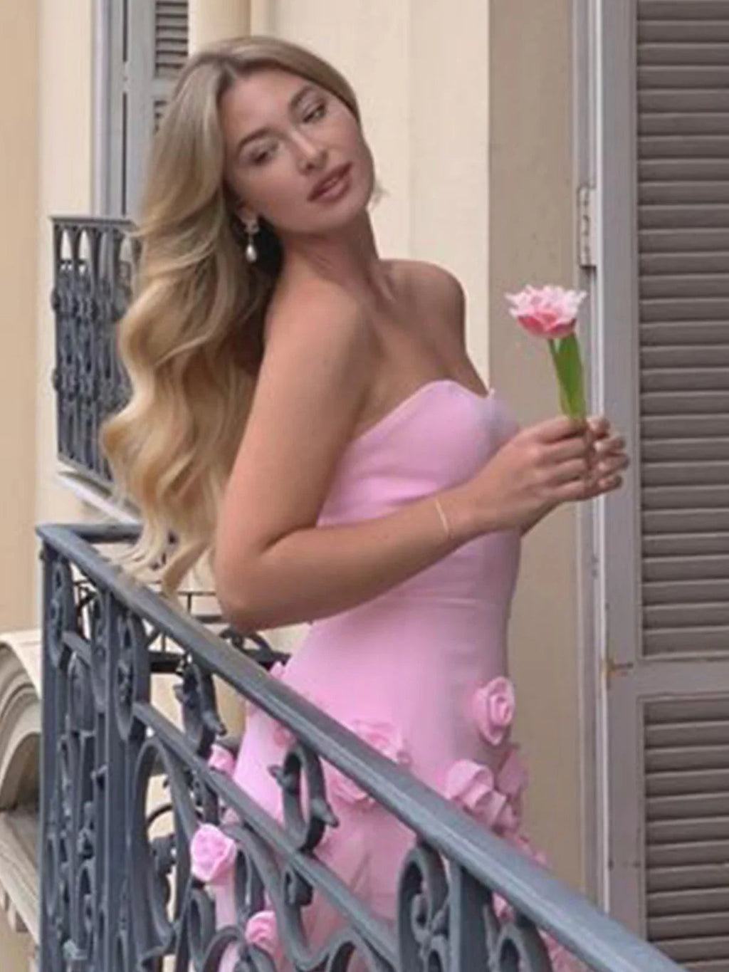 A line Sexy Sweetheart Sleeveless Pink Slit Flowers Prom Dress