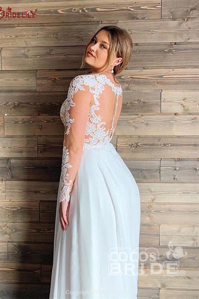 A-line Sheer Tulle Lace Wedding Gowns Long Sleeve Floor Length Beach Bridal Gowns