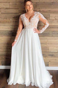 A-line Sheer Tulle Lace Wedding Gowns Long Sleeve Floor Length Beach Bridal Gowns