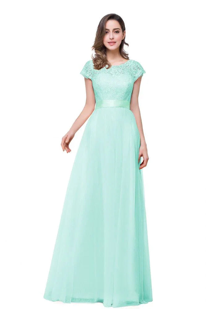 A-line Short Sleeve Chiffon Bridesmaid Dresses with Ribbon Bow Sash