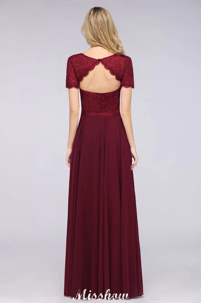 A-Line Short-Sleeves Floor-Length Bridesmaid Dress Chiffon Lace Round-Neck Evening Dress