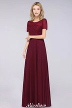 A-Line Short-Sleeves Floor-Length Bridesmaid Dress Chiffon Lace Round-Neck Evening Dress
