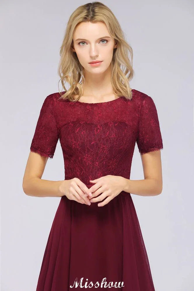 A-Line Short-Sleeves Floor-Length Bridesmaid Dress Chiffon Lace Round-Neck Evening Dress