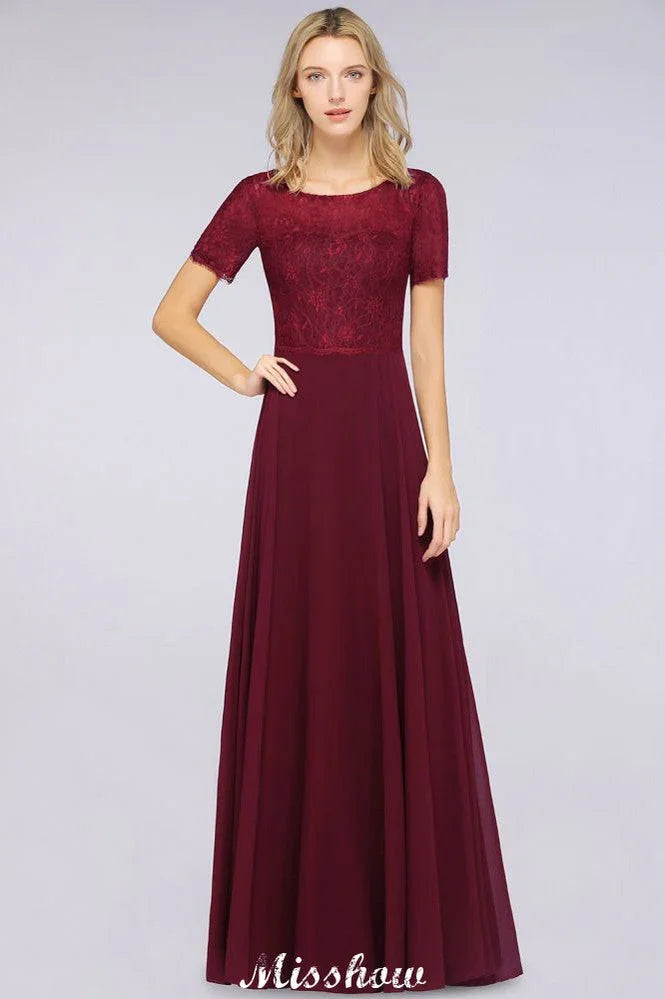 A-Line Short-Sleeves Floor-Length Bridesmaid Dress Chiffon Lace Round-Neck Evening Dress