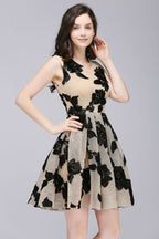 A-line Short Tulle Nude Chic Homecoming Dresses with Flowers