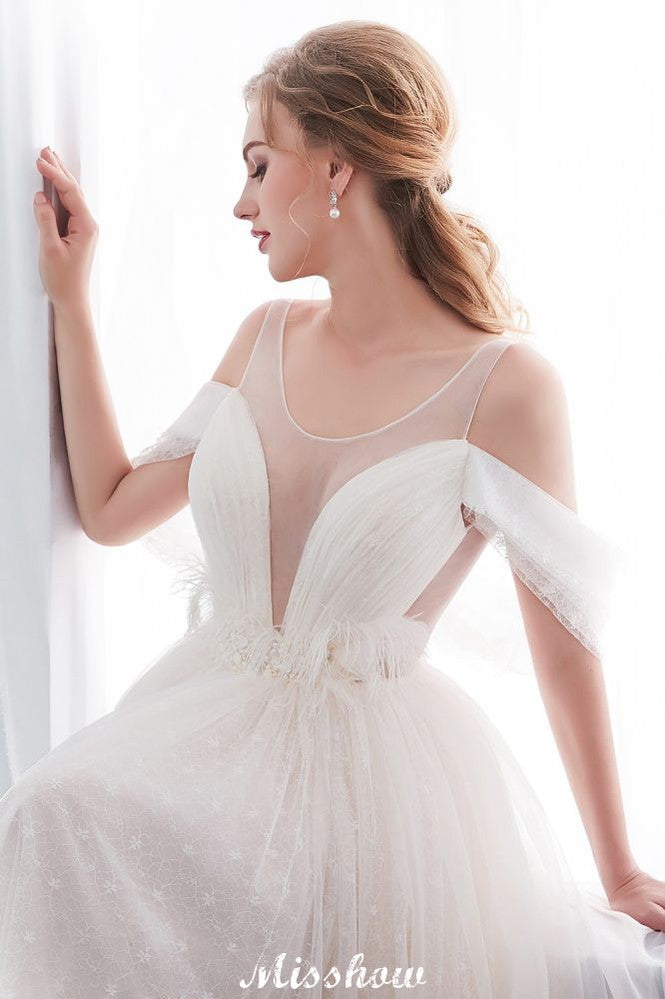 A-line Sleeveless Floor Length Lace Ivory Wedding Dress