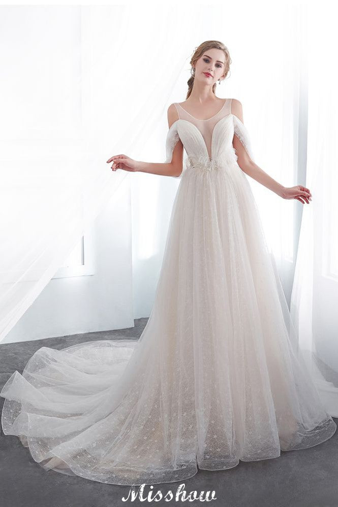 A-line Sleeveless Floor Length Lace Ivory Wedding Dress