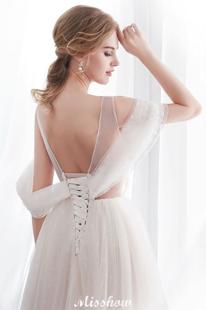 A-line Sleeveless Floor Length Lace Ivory Wedding Dress